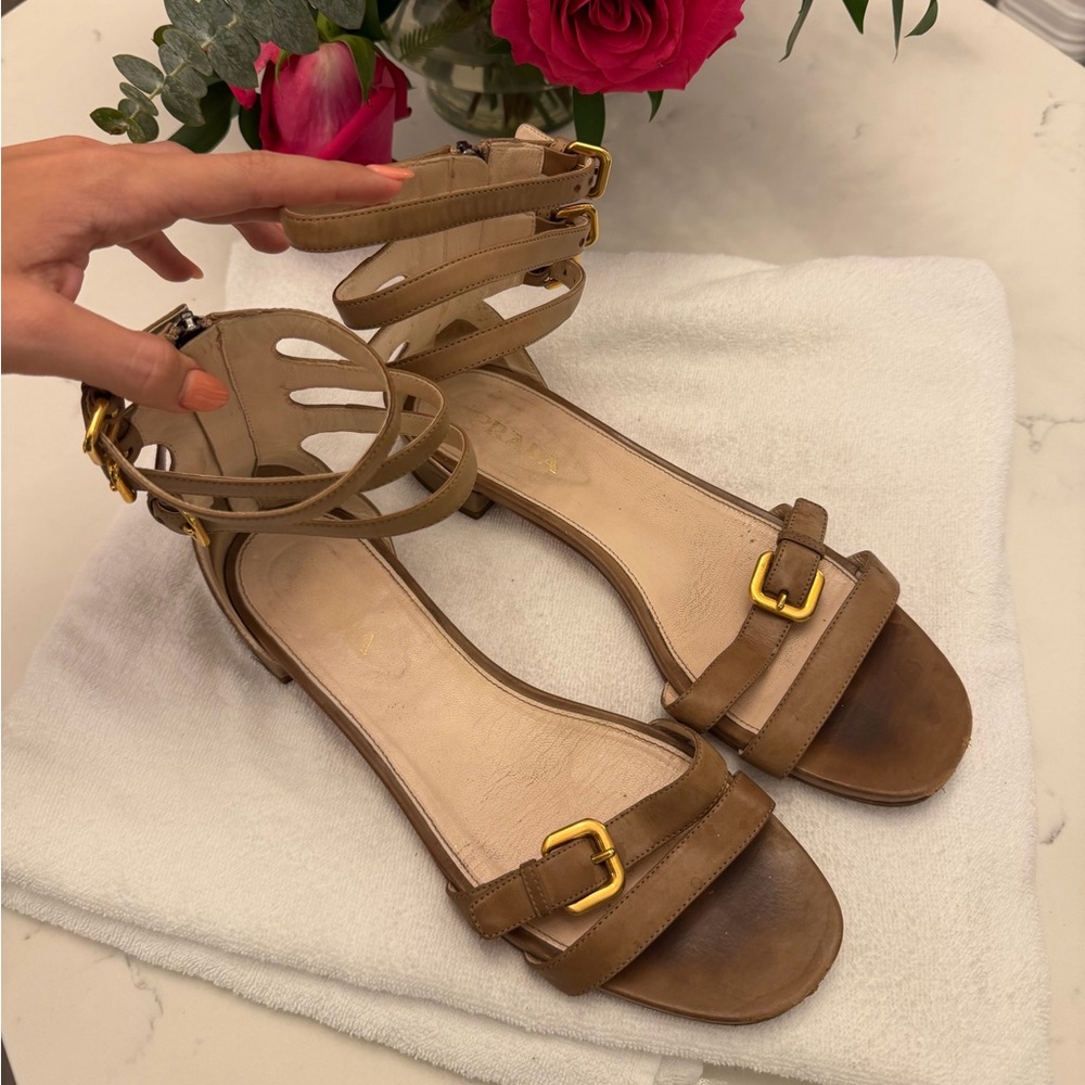 PRADA Brown Strappy Sandals with Gold Buckles